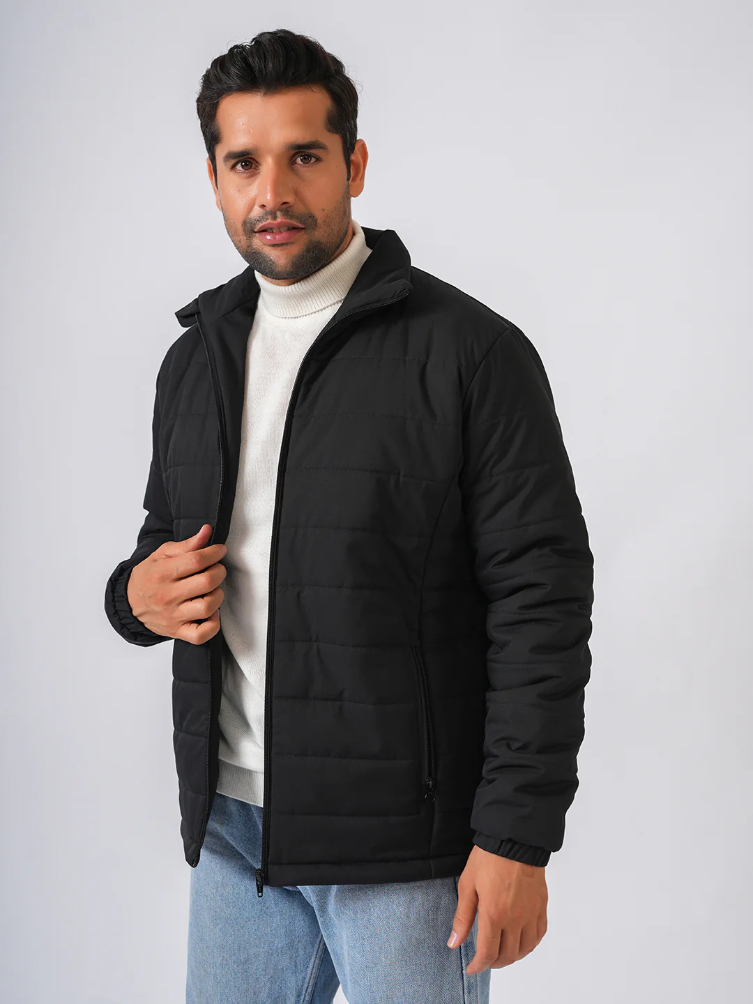Black Solid Lightweight Puffer Jacket - Image 7