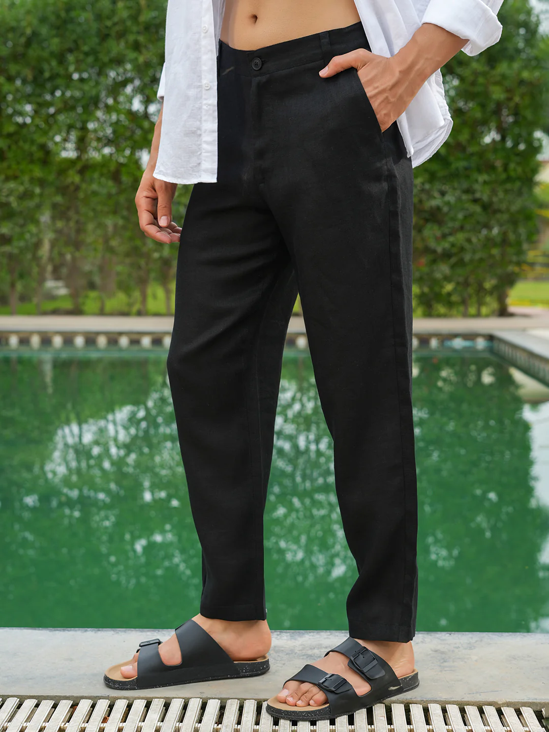 Black Solid Pre-Washed Linen Trouser - Image 3