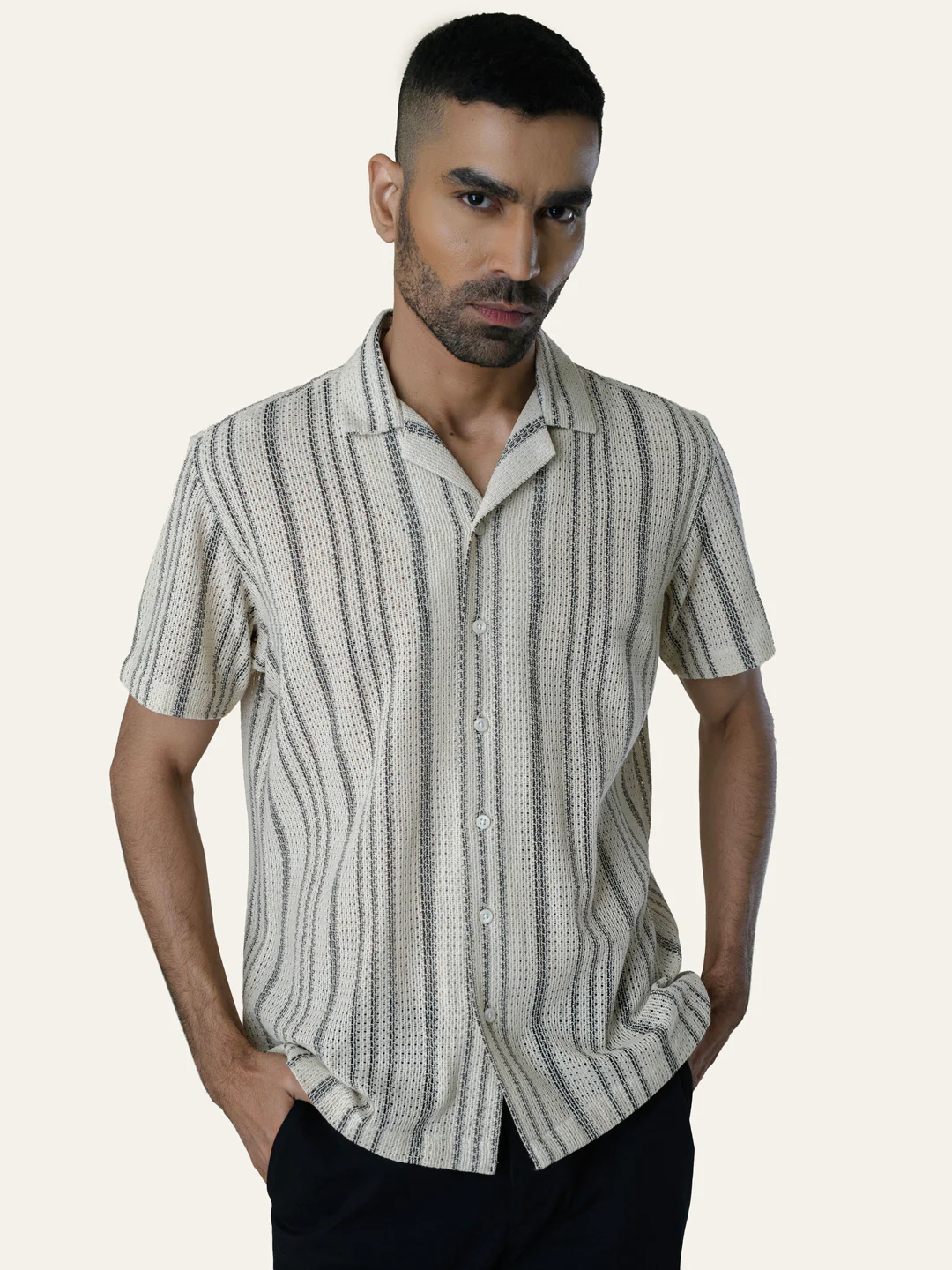 Black Texture Printed Crochet Shirt - Image 5