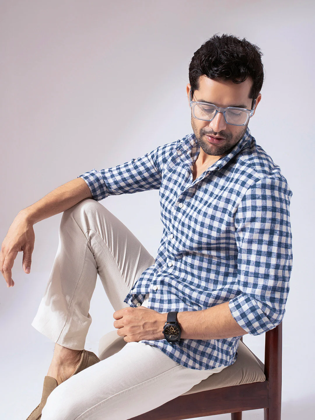 Blue Checks Pre-Washed Linen Blend Shirt - Image 3