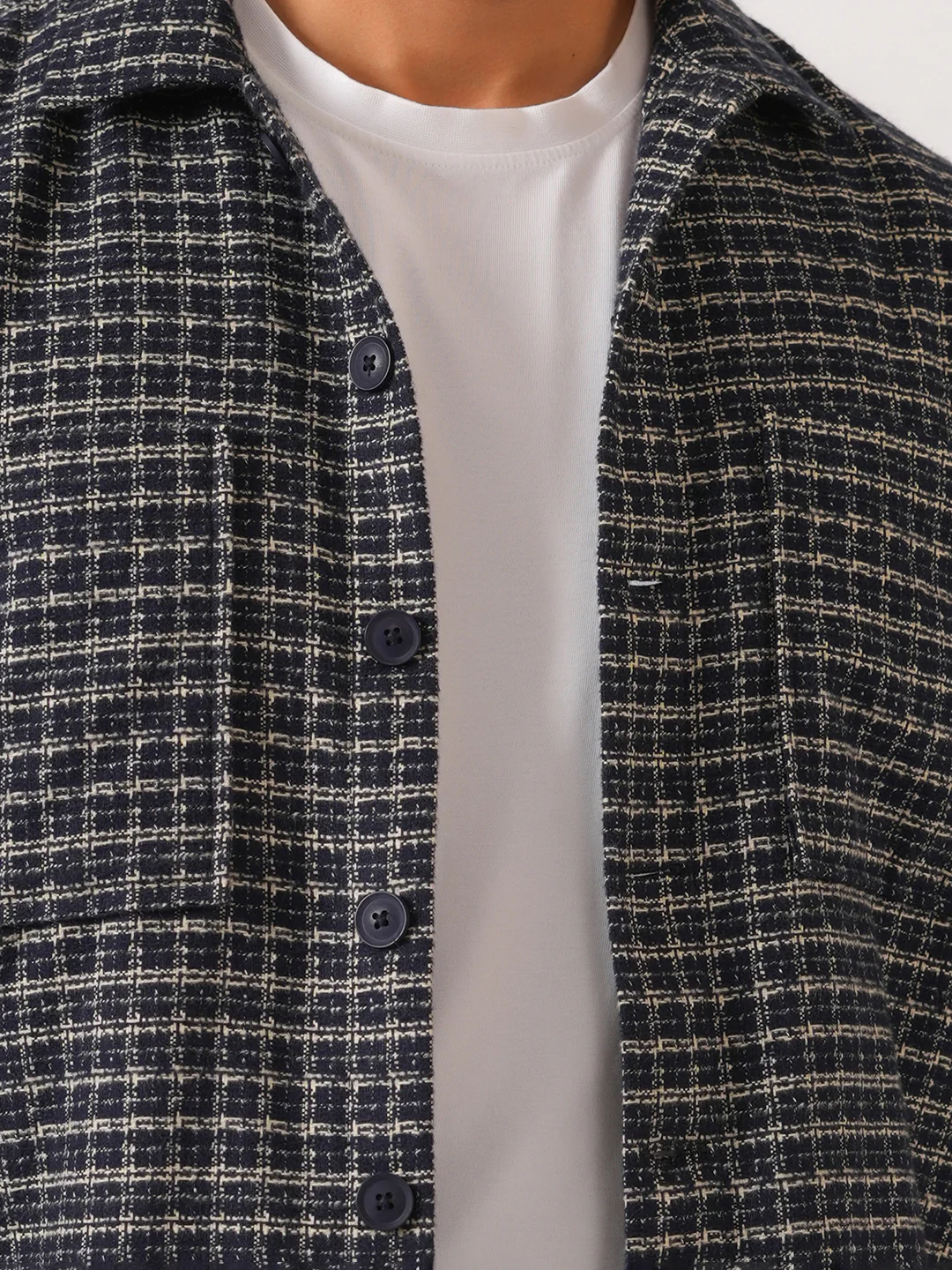 Navy Blue Checked Cotton Shacket Over-Shirt - Image 6