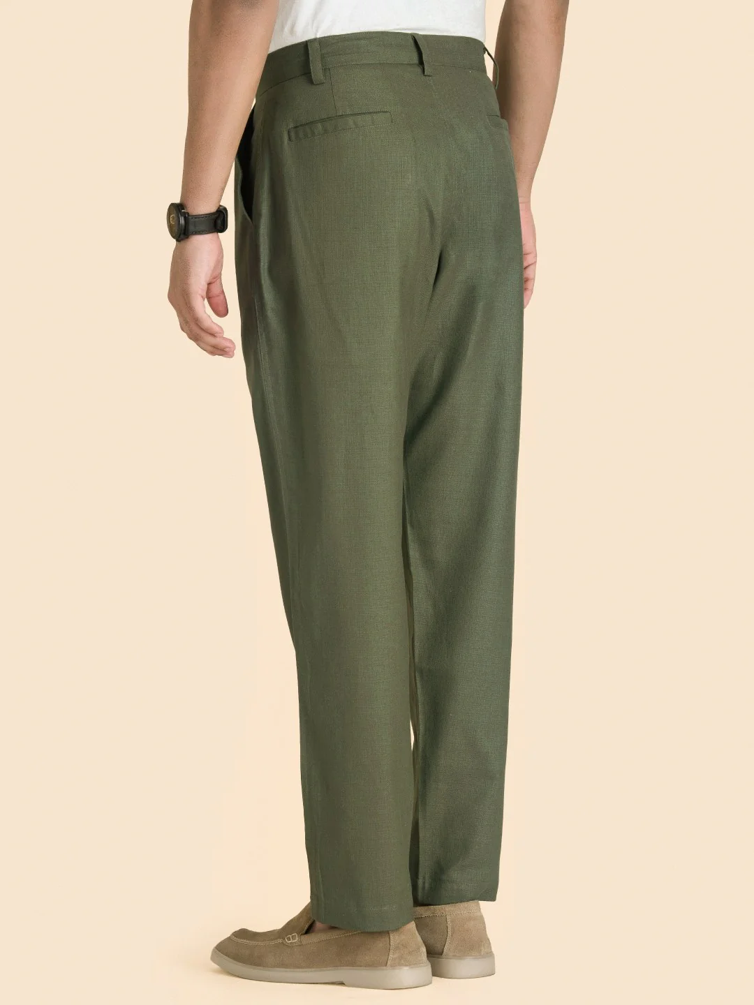 Olive Green Solid Linen Pants - Image 3